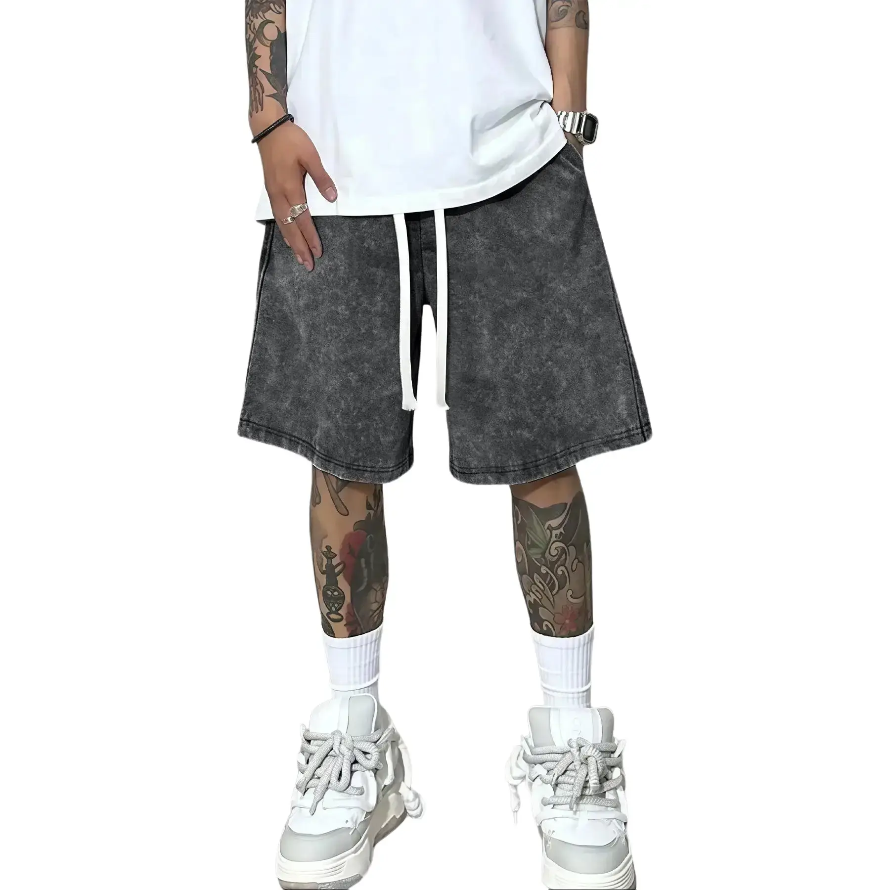 Men's Retro Stylish Jean Shorts - Lightweight Washed Denim Fabric, Cross Print, Drawstring, Pockets, Menswear for Sports, Casual Wear, Beach Activities