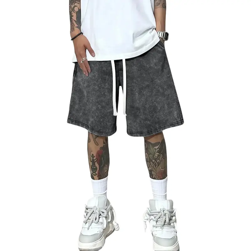 Men's Retro Stylish Fitted H-Type Knitting Jean Shorts - Streetwear Men's Shorts, Lightweight Washed Denim, Cross Print, Drawstring, Pockets, Fitted Cut for Outdoor Casual, Beach Activities