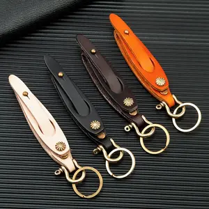 Handmade Vegetable Tanned Cowhide Keychain for Men Women Simple Car Key Pendant Brass Horseshoe Buckle Waist Hanging
