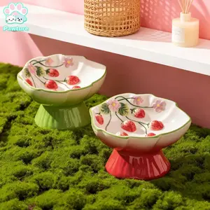 Ceramic Slow Feeder Cat Bowl, Elevated Pet Food Bowl for Cats & Small Dogs, Non-Slip Base, Strawberries Country-Style Design