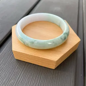 25015-L Certified Untreated Grade A Jade Bracelet - Round 58.8mm (Burmese Jadeite Bangle, Light Green with Floral Pattern)