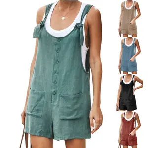 Tanming Women's Casual Summer Cotton Linen Rompers Bib Overalls Jumpsuit Shorts Minimalist Basic