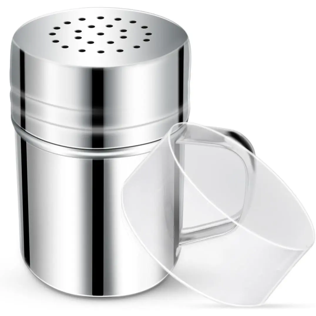 Stainless Steel Dredge Shaker Spice Shakers with Handle Powdered Sugar Pepper 6 Oz Metal Salt Holes and Lid Fine Powder for Cinnamon Cocoa Flour Baking Seasoning
