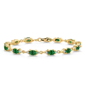 18K Yellow Gold Plated Silver Green Created Emerald and White Moissanite Tennis Bracelet For Women (5.11 Cttw, Gemstone Birthstone, Oval 6X4MM, 6.5, 7, 7.5 Inch)