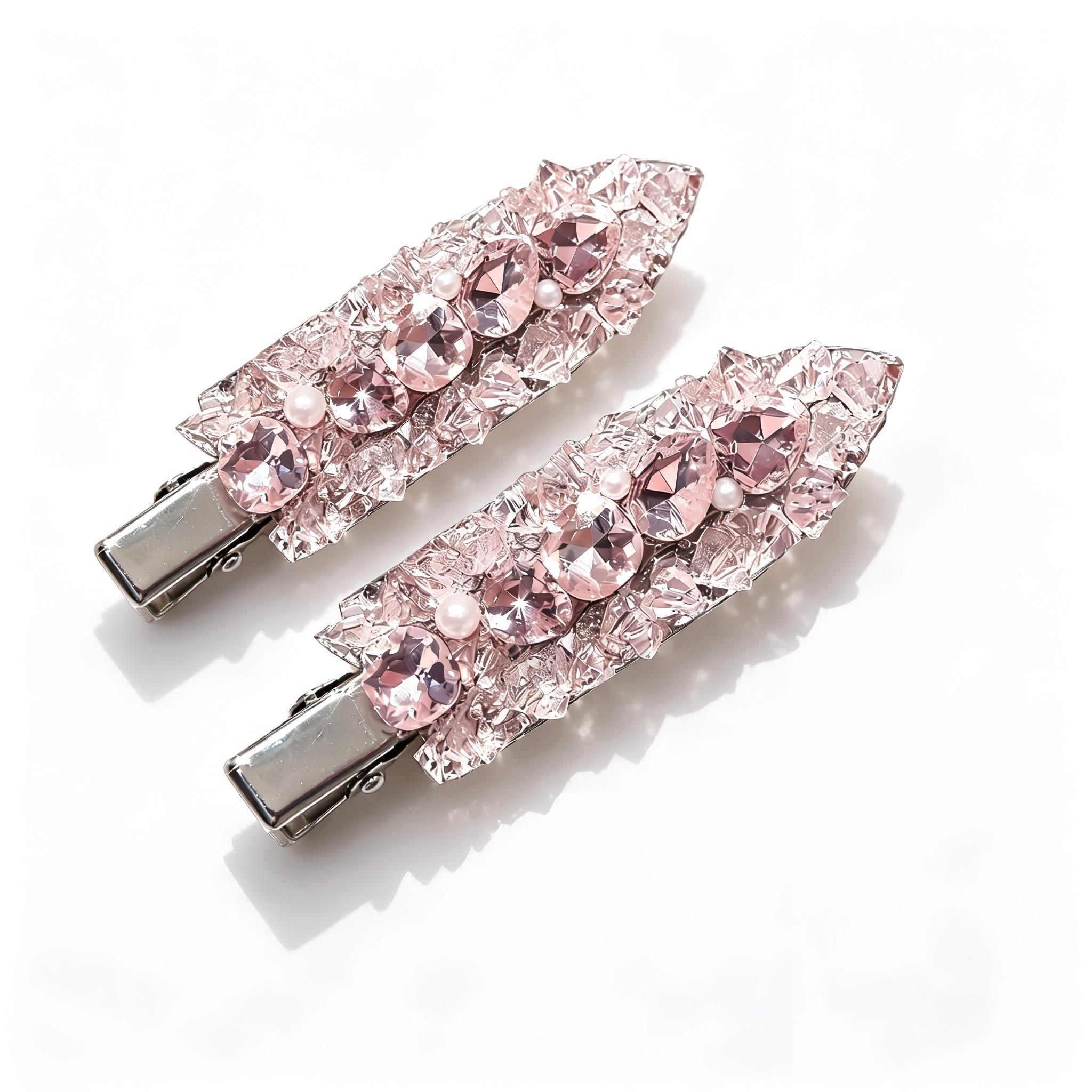 Set of 2 Pink Rhinestone Barrette for Women, Crystal Hair Clip for Girls, Cute Bling Side Clip, Pretty Hair Accessories for Daily Wear