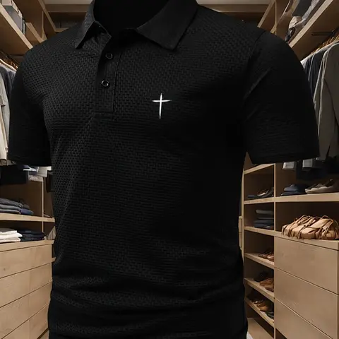 Men's Summer Short Polo Shirt, Menswear Top, Printed Polo Shirts, Small Icon Cross Graphic Pattern Print, Comfortable Fabric for Daily Wear, Perfect Versatile Casual Fashion Shirt