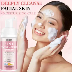 BOSNOW 5 in 1 Facial Mousse 60ml with Hyaluronic Acid Niacinamide Vitamin C & E Collagen Moisturizing and Cleaning 2 in 1 Instant Foam Deeply Cleanses Gentle Non-Irritating Refreshing and Hydrating Suitable for All Skin Types