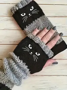 Fashion Women's Knitted Fingerless Gloves, Multiple Colors Available, Cute Cat Face Embroidery, Elastic Wrist Warmer, Soft Stretch Arm Sleeves Winter Gloves
