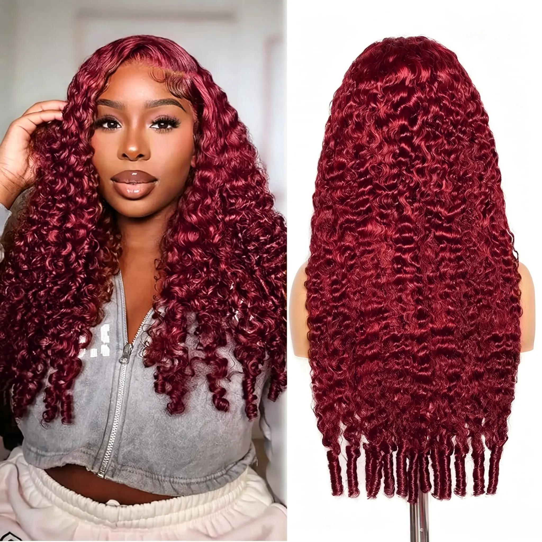 Bling Hair Burmese Curly Wig Human Hair 13x6 99J Burgundy Lace Front Wigs Human Hair 180% Density HD Lace Frontal Wigs Pre Plucked Virgin Remy Hair Burgundy Wig