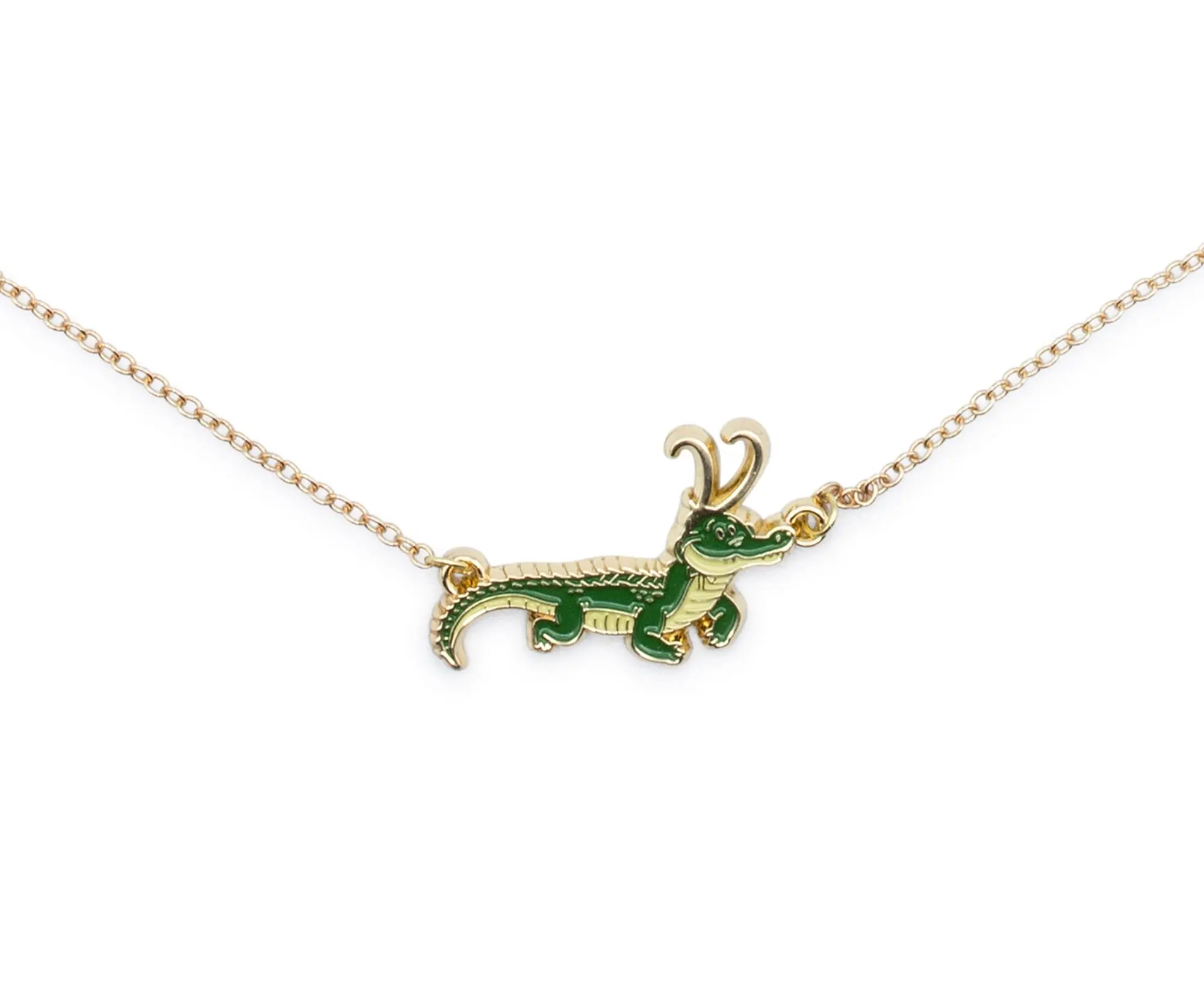 Marvel Studios Loki Alligator Charm Necklace with Gold Chain, Fashion Costume Jewelry Accessory
