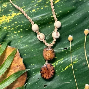 Ayahuasca Necklace Handmade Shamanic Jewelry Ethically Harvested Vine Visionary Art Pendant Adjustable Macrame Thread Organic Beads Spiritual Wear Handcrafted in Peruvian Amazon Natural Ayahuasca Vine Cross Section Pendant