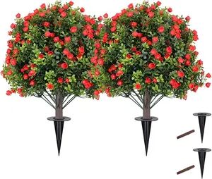 Spikes, 24 Inch UV Resistant Fake Shrubs Bushes for Outdoor Indoor Garden Porch Decor, Green & Red