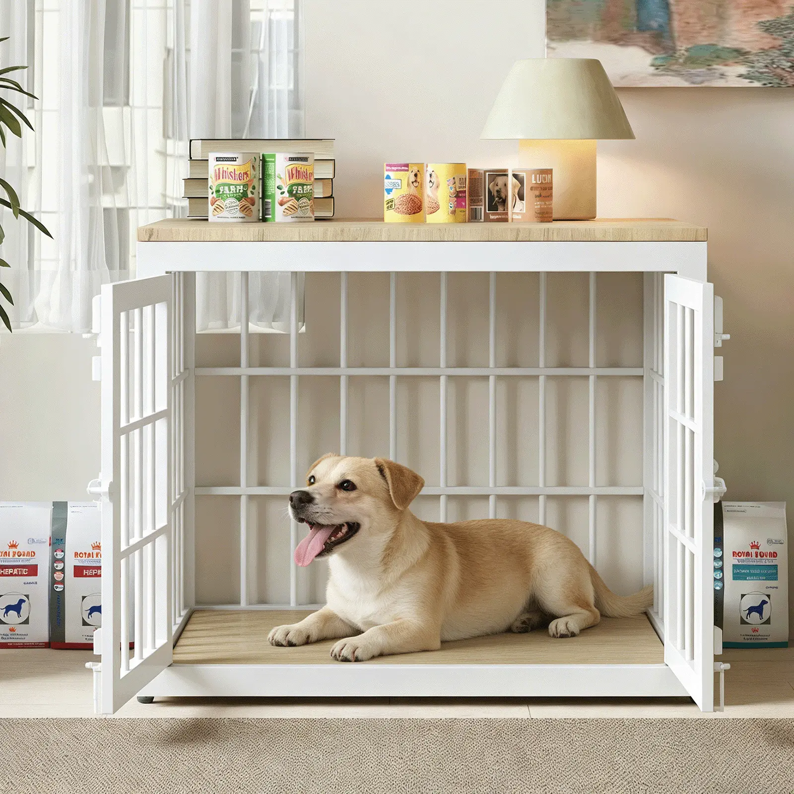 Collared Eagle 26" Heavy-Duty Dog Crate Furniture for Small Dogs, Decorative Pet House End Table, Wooden Cage Kennel Furniture Indoor, White and Natural, Wooden Crates, Escape Proof Kennel