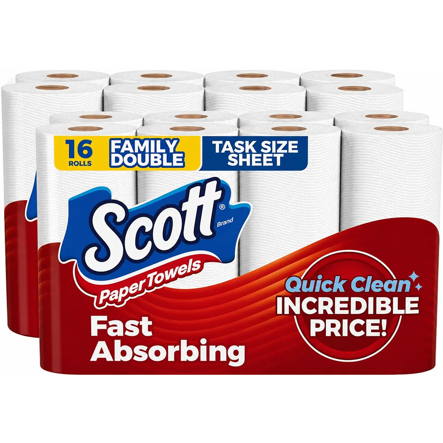 Scott Brand 16 Rolls Family Double Task Size Sheet Paper Towels Fast Absorbing Quick Clean Incredible Price