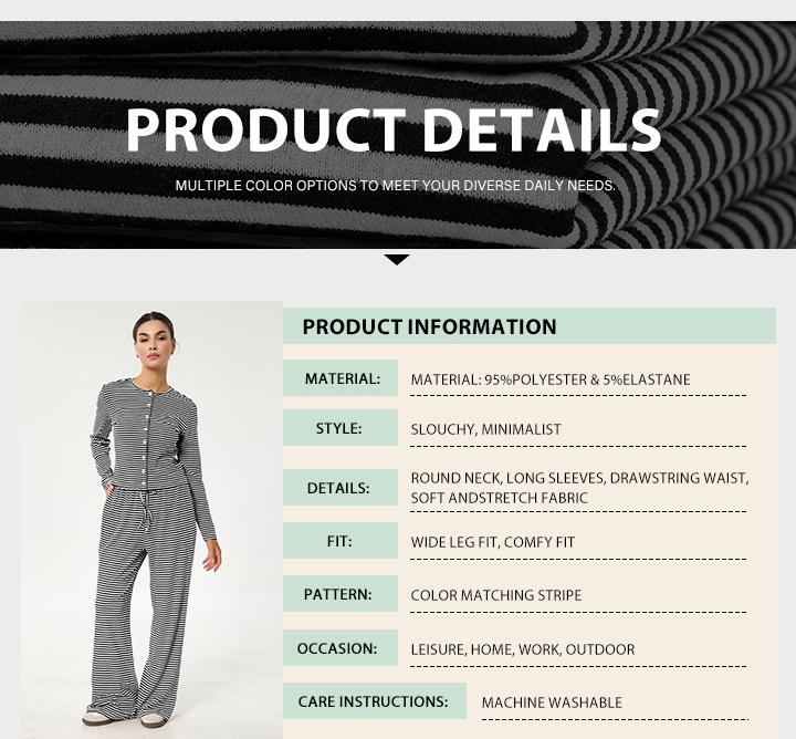 KatchMe Women's Casual Stripe Button Long Sleeve Top & Drawstring Waist Wide Leg Trousers Co-ord, Cozy Two Piece Set for Lady Spring & Fall