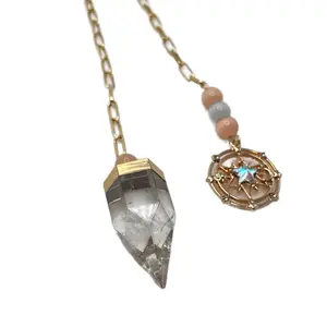 Clear Quartz Pendulum with Gold Stainless Steel Chain & Magical Star Charm – *FREE* Yes-No Dowsing Board - Amplification, clarity, higher wisdom