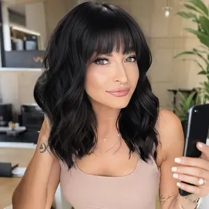 Onlycute Bob Curly Wig Synthetic Short Black Wig with Bangs Natural Looking Heat Resistant Fiber Hair for Women