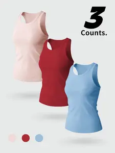 Women's Breathable Sleeveless Sports Tank Tops, Fitted Summer Casual Undershirt, 3 Piece Set, Plain Pattern, Comfortable and Versatile