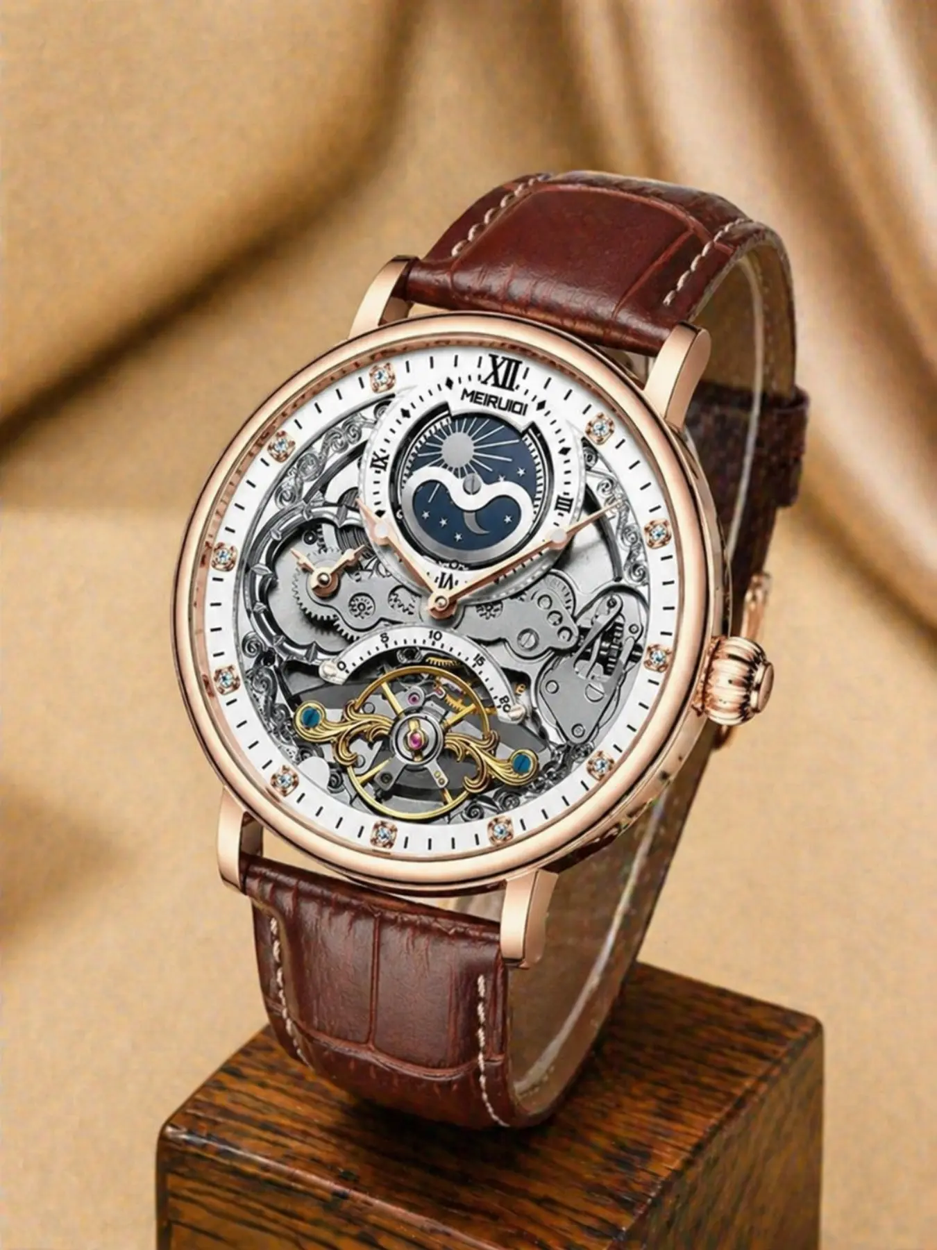 A men's brown leather strap business high-end fashion casual moon phase display waterproof hollow fully automatic mechanical watch Water Resistant Wristwatch Analog Watches