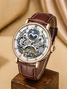 A men's brown leather strap business high-end fashion casual moon phase display waterproof hollow fully automatic mechanical watch Water Resistant Wristwatch