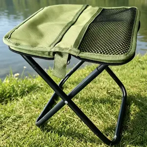 Outdoor Folding Stool with Side Pocket for Small Items – Breathable Mesh Fabric, Rust-Proof Metal Frame, Fast Open & Fold Mechanism and Shockproof Base; Mini Seat for Mountaineering, Beach Trip, Fishing and Courtyard; Ideal Holiday Gift