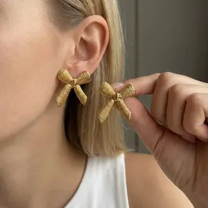 Stainless Steel Vintage Textured Bow Stud Earrings For Women  Gold Plated Bowknot Ribbon Earring Girls Party Aesthetic Jewelry