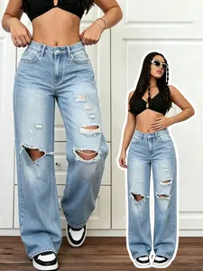 Women's Ripped Denim Jeans, Fashion Casual High-Waisted Non-Elastic Raw Wash Blue Jeans, Perfect for Summer, Daily Wear & Versatile Bottoms