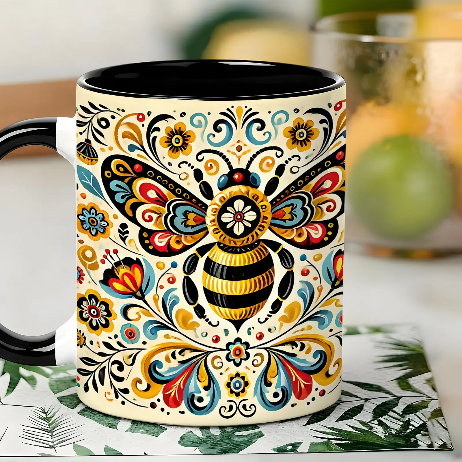 11oz Durable Glossy Ceramic Beverage Mug - Mexican Folk Art Floral Bee Printed Cup, Reusable Kitchenware Drinkware for Daily Use, Coffee Bar Decor Gift for Bee Lovers