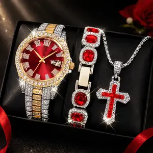 Red Iced Out Bling Jewelry Set for Her – Two-Tone Gold & Silver Watch, Red Gem Bracelet & Cross Necklace, 3-Piece Hip Hop Style Gift Set with Sparkly Crystals, Perfect for Birthdays, Anniversaries & Everyday Glam