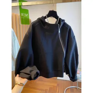 Slant zipper hooded sweatshirt with spring and autumn design, loose and casual cardigan, woolen sweater top for women