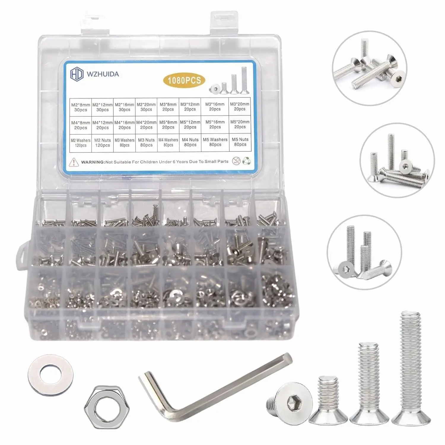 1080Pcs M2 M3 M4 M5 Screw Assortment, Metric Flat Countersunk Head Socket Cap Bolts, Stainless Steel Screws Nuts and Washers with 4 Hex Allen Wrenches, Full Thread
