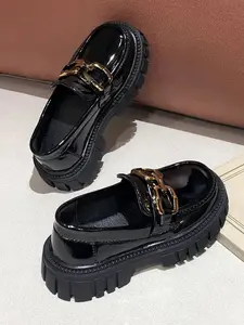 Girls' PU Leather Loafers, Slip on flats, Metal Buckle Design, Thick Sole Casual Shoes, Fashion Flat Sneakers for Festive Gatherings
