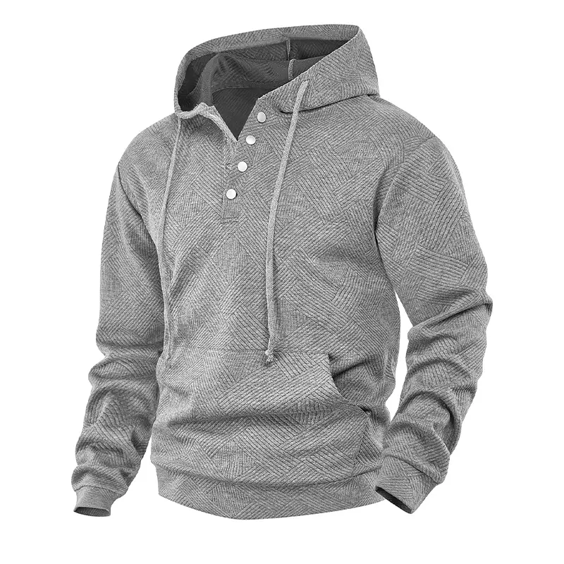 Men’s Jacquard Button Hoodie - Spring American Retro Solid Color, Loose Versatile Casual Top