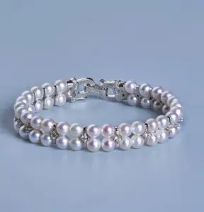 Pure silver natural freshwater 4.5-5mm pearl double-row diamond-studded bracelet, 16cm long