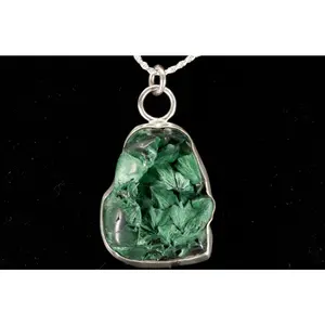 Fibrous Malachite Natural Crystal Pendant set in Sterling Silver