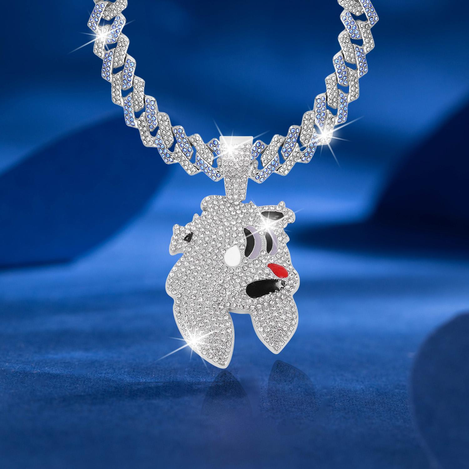 Rabbit Head Pendant with Flip-up Diamond-shaped Necklace Silver Gold Plated Bling Hip Hop Necklace Diamond Angel Wing Pendant Wide Necklace Jewelry Gift for Thanksgiving Party