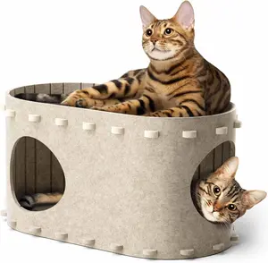 Cat Cave Beds for Indoor Cats, Pet Cat House for Multiple & Large Cats Up to 22 Lbs, Scratch Resistant Peekaboo Cat Caves, Foldable Cat Hideaway Enclosed Bed, Cream