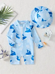 Cute summer one-piece swimsuit for boys, light blue dolphin print one-piece swimsuit for boys, half zipper+long sleeved design+matching sun hat, Valentine's Day gift, suitable for summer swimming, beach play, water park, Toddler Swimsuit