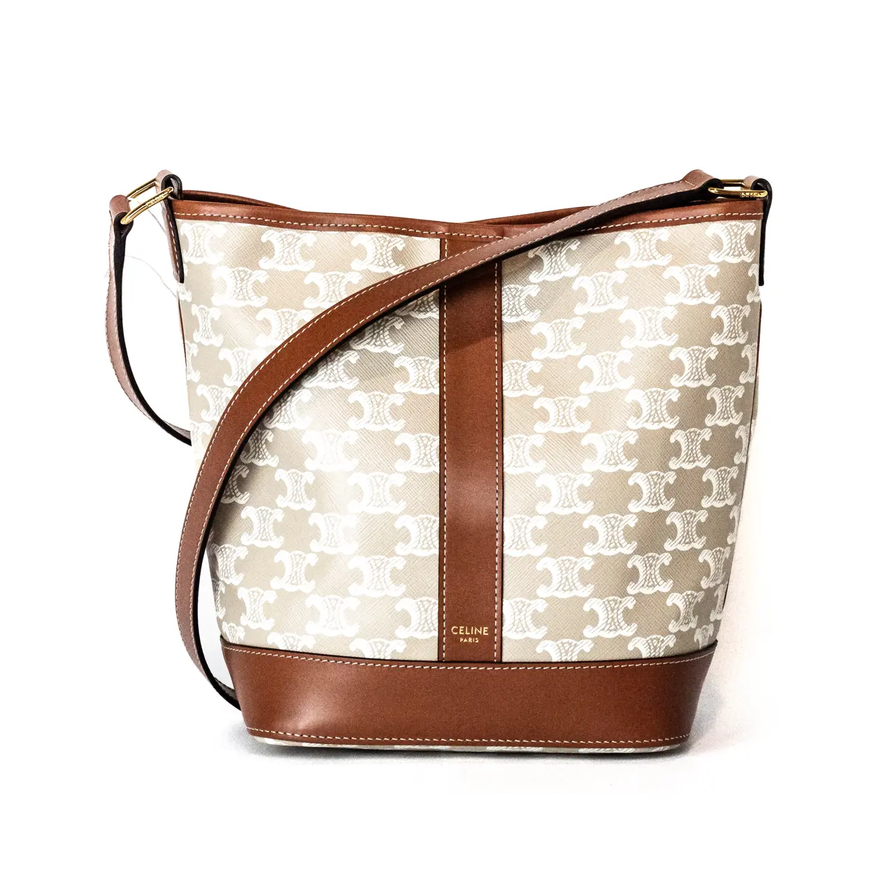Pre-owned Celine Triomphe canvas & calfskin leather Shoulder Bags Small Bucket Bag White Triomphe Canvas & Calfskin Like New (Pristine)