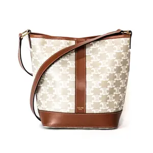 Pre-owned CELINE Triomphe canvas & calfskin leather Shoulder Bags Small Bucket Bag White Triomphe Canvas & Calfskin Like New (Pristine)