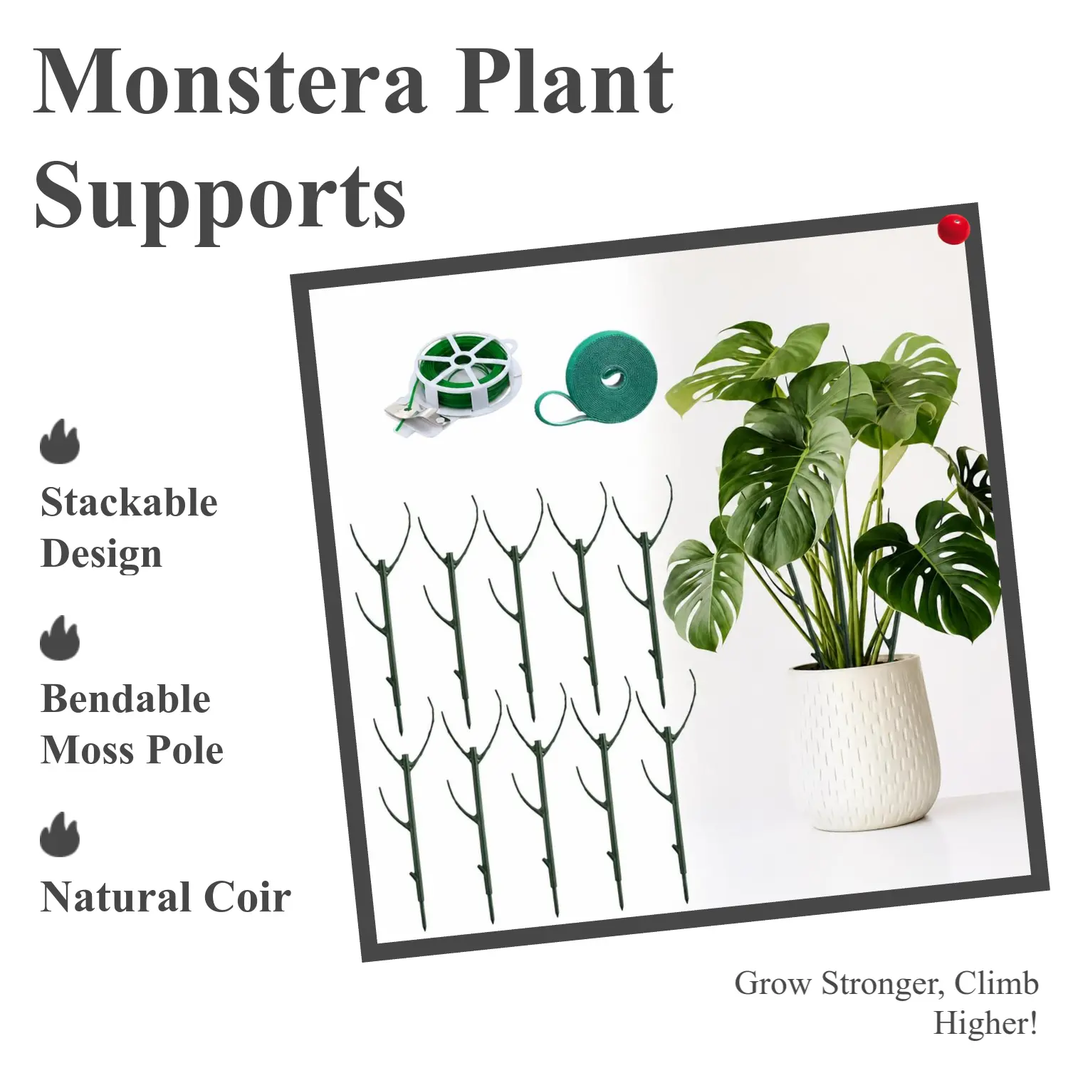 10Pcs Stackable Plant Support Stakes Kit, 2m Sticker Roll & 20-Piece Cable Tie Roll for Indoor Outdoor Potted Climbing Greenery (Home Improvement Garden Care Supplies)