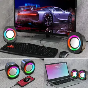 Stereo Computer Speaker with Dynamic RGB Lighting - USB Powered Desktop Audio Syst3.5mm Jack, Non-Waterproof, Black Textured Design for Monitors, Laptops & Tablets - Perfect for Office & Conference Use,
