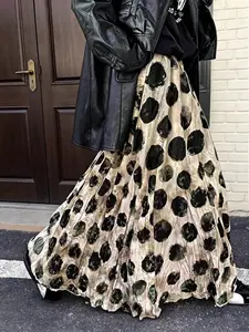 Women's Sweet Cool Style Ink Splatter Polka Dot Pleated Long Dress, High Waist A-Line Drape Half Skirt, Casual Commuter Fashion, Street Fashion Skirt