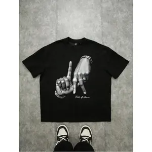 Manfinity ZONE917 Los Angeles LA Hand Gesture Logo Print Vintage Washed T Shirt Drop Shoulder Oversized Loose Fit Casual Urban Streetwear Trendy Daily Fashion Top For Men