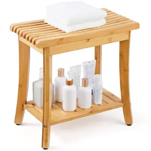 VEVOR Bamboo Shower Bench,  19.1 x 11.3 x 18.3 in, Waterproof Shower Stool Chair with Storage Shelf, 330lbs Load Capacity Spa Bath Seat Organizer, for Adults Seniors Women Elderly Indoor Outdoor