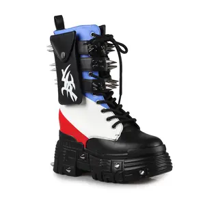 CV Chem Women's Cuban Style Mid Calf Hidden Wedge Combat Boots with Full Side Zip Closure & Shoe Pocket Feature 4-inch Heel 1.75-inch Platform