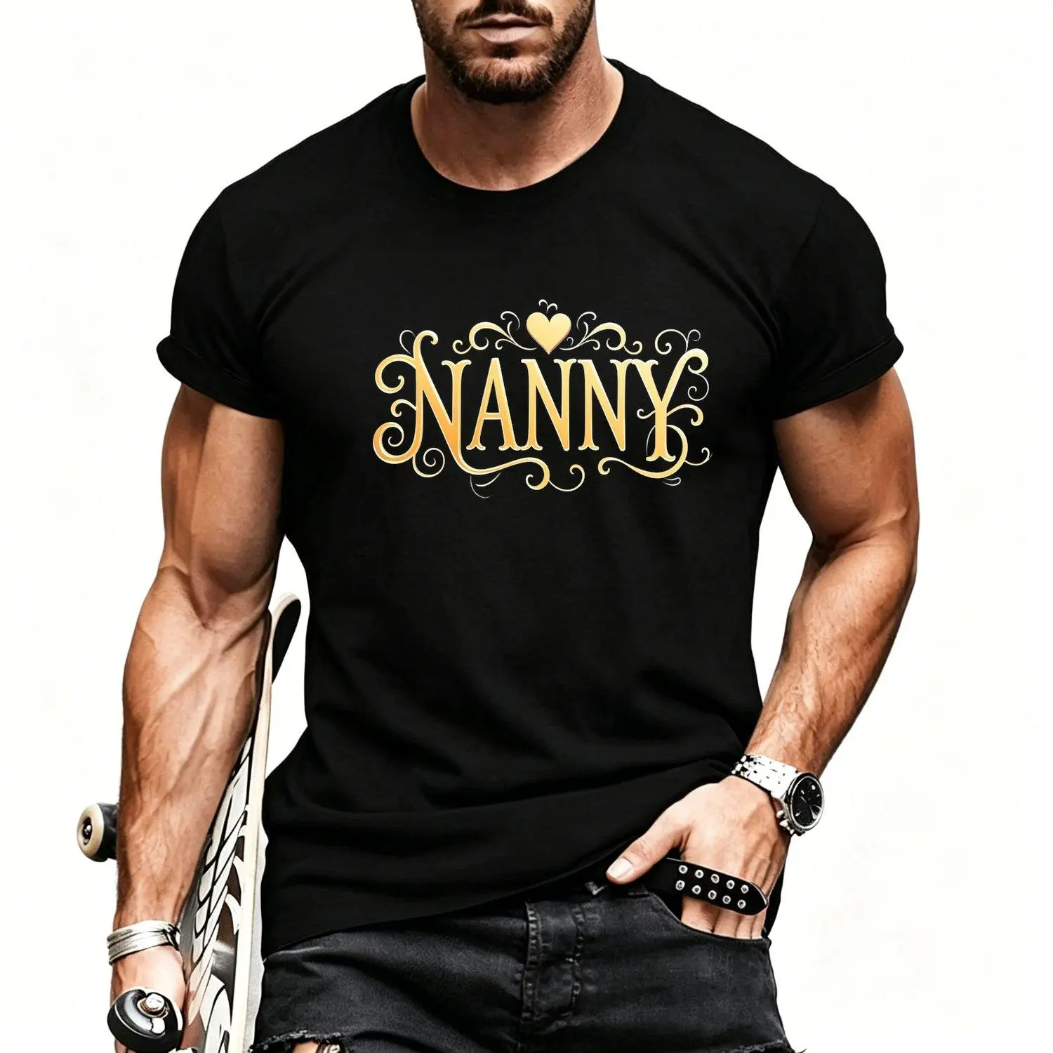 Men's Short-sleeve T-shirts Plus Size Black Golden nanny Text Design Breathable Summer Shirt for Nannies caregivers Moms Machine Washable Casual Top