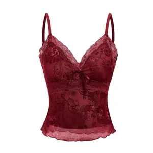 Fairycore Women's Solid Color Lace Patchwork Bow Decorated Sexy Camisole