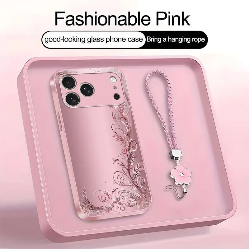 Suitable for [iPhone 17 Pro Max] high-end women's phone case🥰，a beautiful four-leaf clover lanyard is included🍀，minimalist, sophisticated floral pattern YM99