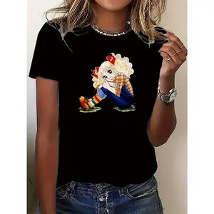 Women's Cute Cartoon Character Print T-Shirt – Casual, Sporty,All-Season Comfort, Black with Blonde Graphic Top Womenswear summer outfits